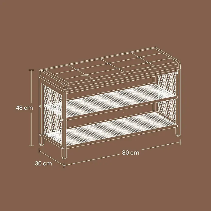 Schuhbank - L x B x H: 30 x 80 x 48 cm, Braun/Schwarz - Abbildung eines Schuhregals mit Sitzfläche, Maße: 80 cm breit, 30 cm tief und 48 cm hoch. Ideal für Flur oder Eingangsbereich.