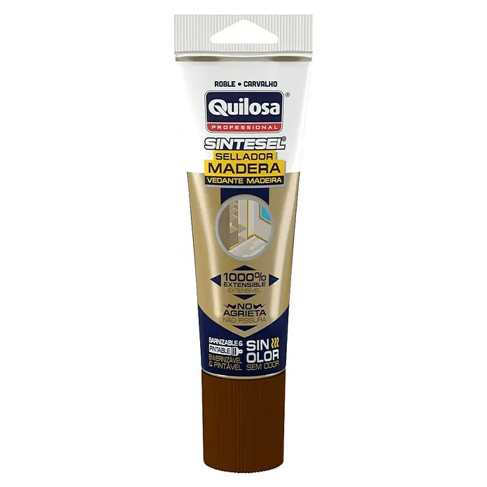 Quilosa Sellador para madera Sintesel - 125 ml, Roble, Tubo - Imagen de un tubo de sellador de madera Quilosa Sintesel, un producto profesional para madera que destaca por su alta extensibilidad.