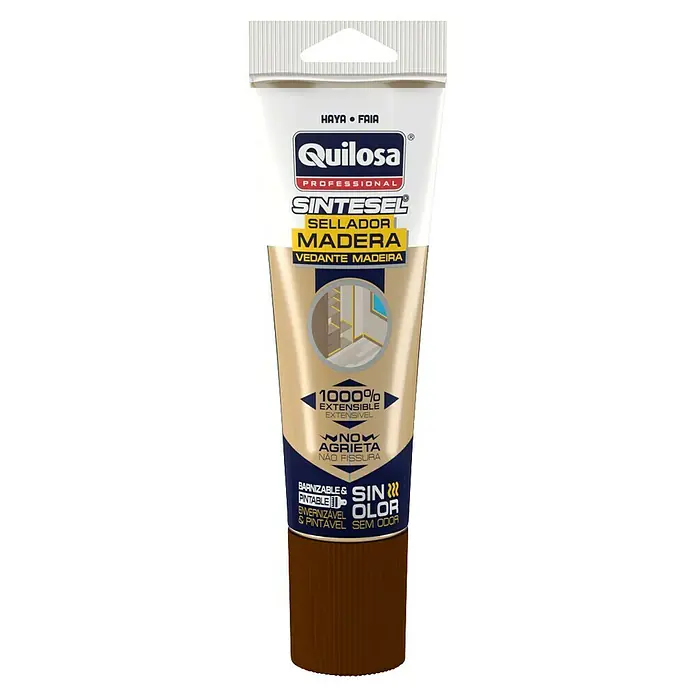 Quilosa Sellador para madera Sintesel - 125 ml, Haya, Tubo - Imagen de un sellador para madera Quilosa Sintesel en color Haya/Faia. El sellador es extensible al 1000% y pintable.