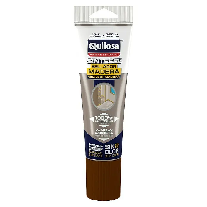 Quilosa Sellador para madera Sintesel - 125 ml, Gris oscuro, Tubo - Imagen del producto del sellador de madera Quilosa Sintesel en roble oscuro, ideal para sellar y proteger superficies de madera interiores.