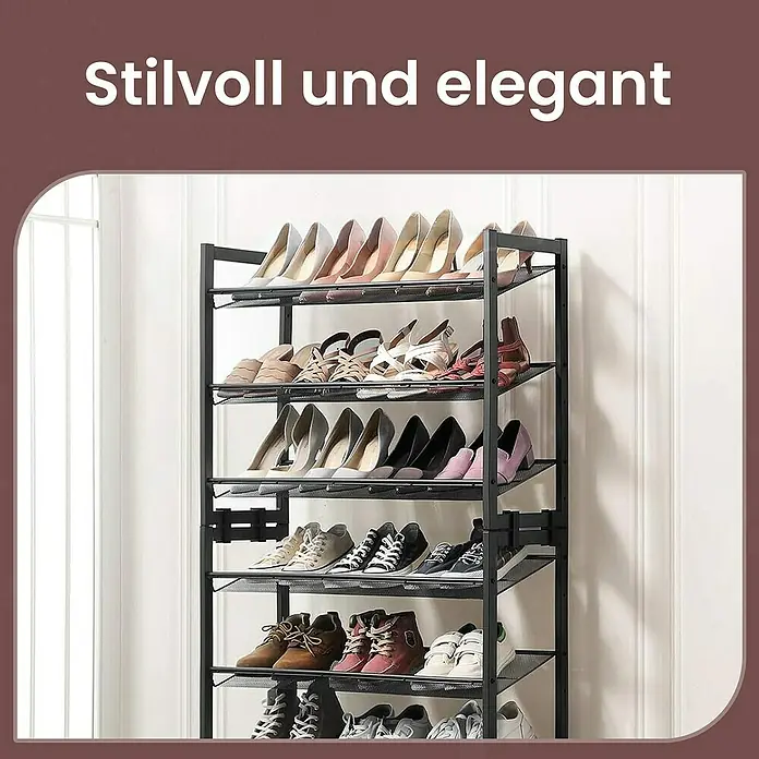 Schuhregal - L x B x H: 30,7 x 74 x 104 cm, Schwarz - Schuhregal mit mehreren Ebenen und verschiedenen Schuharten.