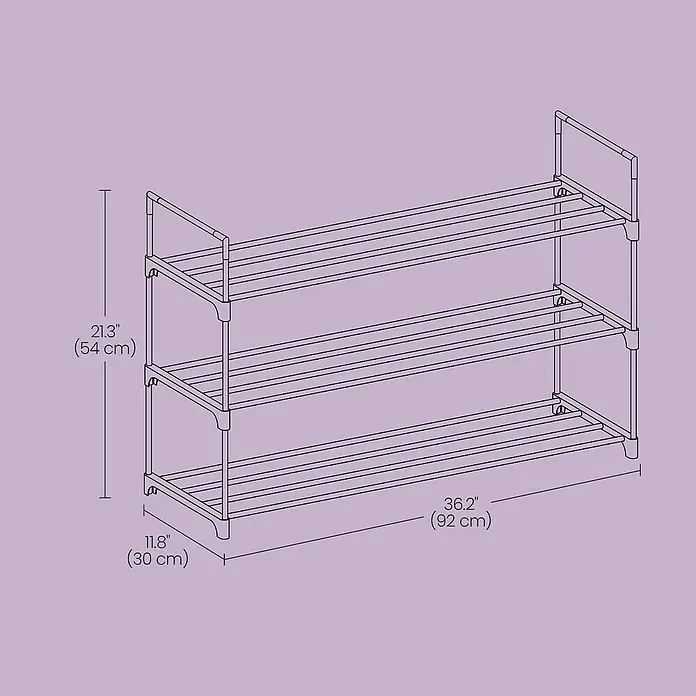 Schuhregal - L x B x H: 30 mm x 92 mm x 54 cm, Schwarz - Illustration eines Schuhregals mit drei Ablagen und den Maßen 54 cm hoch, 92 cm breit und 30 cm tief.