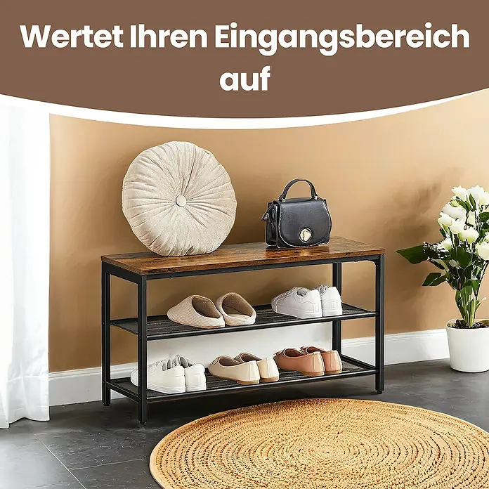 Schuhregal - L x B x H: 40 x 80 x 44,5 cm, Braun/Schwarz - Ein schickes Schuhregal mit drei Ablagen, auf dem Hausschuhe, Sneakers und Handtasche platziert sind, um den Eingangsbereich aufzuwerten.