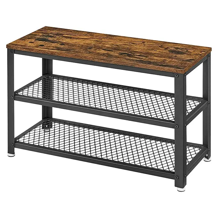 Schuhregal - L x B x H: 30 x 73 x 45 cm, Braun/Schwarz - Elegantes Schuhregal mit Holzplatte und zwei Gitterablagen in modernem Industrie-Design zur stilvollen Schuhaufbewahrung.