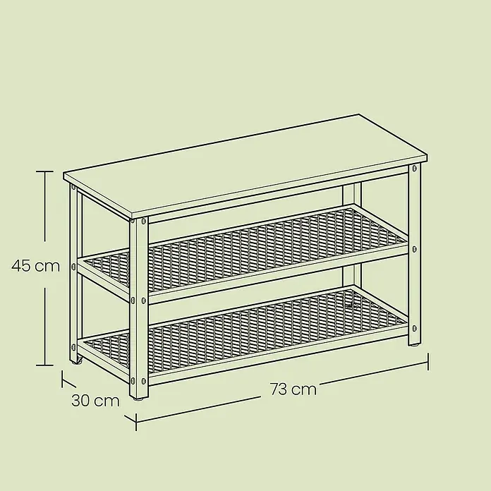 Schuhregal - L x B x H: 30 x 73 x 45 cm, Grau/Schwarz - Abbildung eines Schuhregals mit den Maßen 73 cm Länge, 30 cm Breite und 45 cm Höhe.