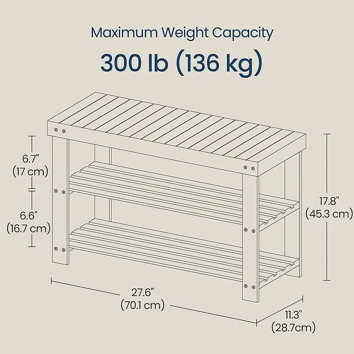 Schuhregal - L x B x H: 70,1 x 28,7 x 45,3 cm, Braun - Abbildung einer Schuhbank aus Holz mit drei Ablagen und den Maßangaben für Höhe, Breite und Tiefe.