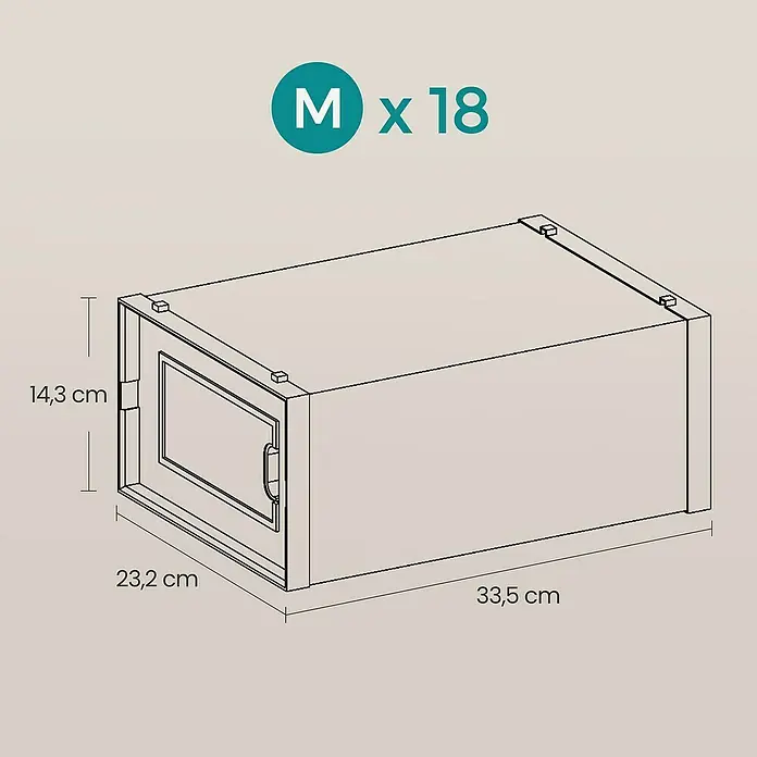Schuhbox - L x B x H: 23,2 x 33,5 x 14,3 cm, Kunststoff, Weiß/Transparent, 18 Stk. - Produktabbildung eines Schuhkartons M x 18 mit den Abmessungen 14,3 cm Höhe, 23,2 cm Breite und 33,5 cm Tiefe.