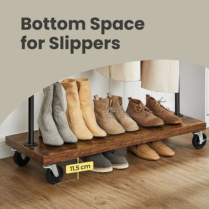 Kleiderwagen - L x B x H: 40 x 103,5 x 162 cm, Braun/Schwarz - Schuhregal auf Rollen mit Stiefeln oben und Slippern unten, mit Höhenangabe.