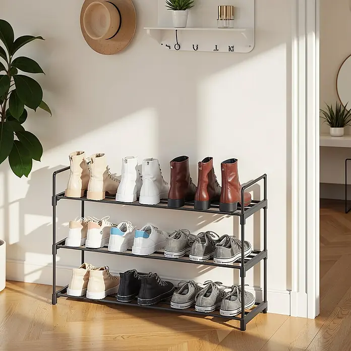 Schuhregal - L x B x H: 30 mm x 92 mm x 54 cm, Schwarz - Schuhregal aus Metall mit drei Ablagen, gefüllt mit verschiedenen Stiefeln und Turnschuhen in einem hellen Flur.