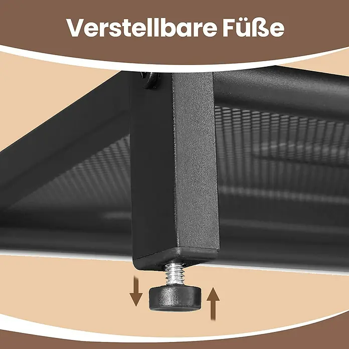Schuhregal - L x B x H: 40 x 80 x 44,5 cm, Braun/Schwarz - Nahaufnahme verstellbarer Füße eines Möbelstücks, die eine einfache Anpassung ermöglichen, um die Stabilität auf unebenen Flächen zu gewährleisten.