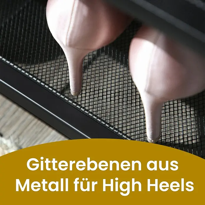 Schuhregal - L x B x H: 30 x 100 x 72 cm, Braun, Schwarz - Nahaufnahme von High Heels auf Metallgitter-Ebenen. Ideal zur Aufbewahrung und Präsentation von Schuhen. Robuste Konstruktion für elegante Schuhmode.
