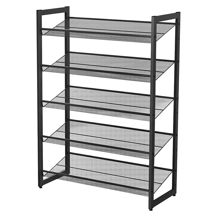 Schuhregal - L x B x H: 30,7 x 74 x 104 cm, Schwarz - Abgebildetes Schuhregal mit fünf Ablagen aus Metallgitter und einem dunklen Rahmen. Praktische und stilvolle Aufbewahrung für Schuhe.