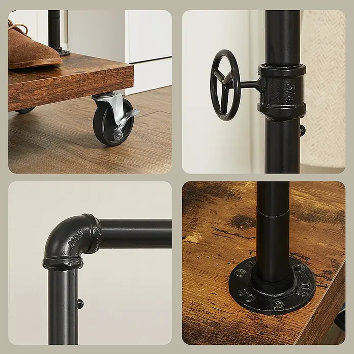 Kleiderwagen - L x B x H: 40 x 103,5 x 162 cm, Braun/Schwarz - Detailansicht eines industriellen Möbelstücks mit Holzplatte und schwarzen Metallrohrdetails, inklusive Rad, Ventil und Verbindungsstücken.