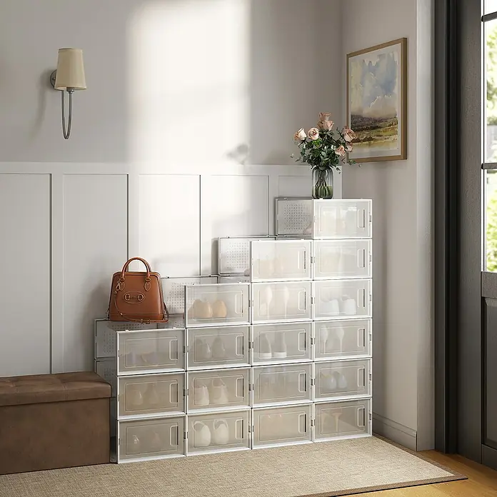 Schuhbox - L x B x H: 23,2 x 33,5 x 14,3 cm, Kunststoff, Weiß/Transparent, 18 Stk. - Ein stilvolles Schuhregal-System mit transparenten Boxen, das Ordnung und Übersicht in Ihrer Garderobe schafft.