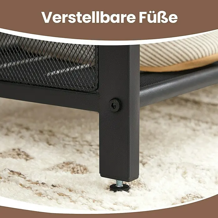 Schuhbank - L x B x H: 30 x 80 x 48 cm, Braun/Schwarz - Detailaufnahme der verstellbaren Füße eines Schuhregals, die für Stabilität auf unebenen Böden sorgen.