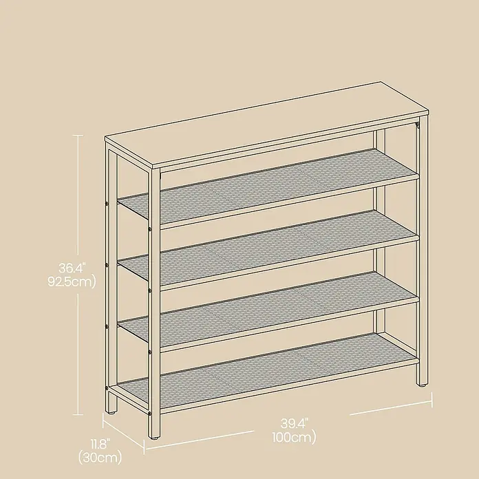 Schuhregal - L x B x H: 30 x 100 x 92,5 cm, Braun, Schwarz - Abbildung eines Bücherregals mit vier Ablagen und den Maßen 36,4" Höhe, 39,4" Breite und 11,8" Tiefe.