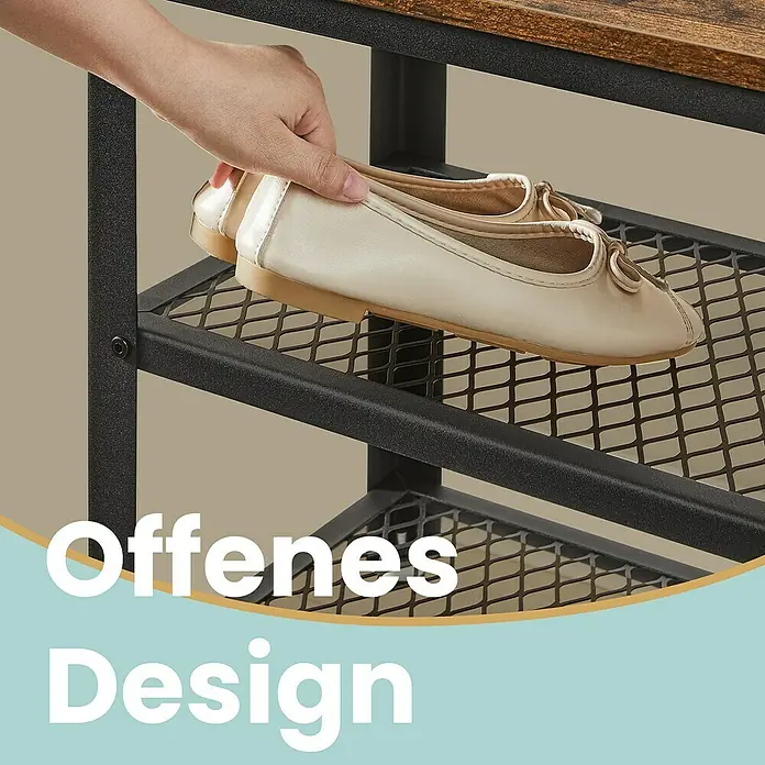Schuhregal - L x B x H: 30 x 73 x 45 cm, Braun/Schwarz - Eine Hand platziert elegante, beigefarbene Ballerinas auf einem Schuhregal mit offenem Design, das Funktionalität und Stil vereint.