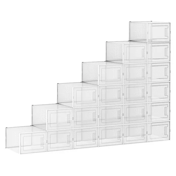 Schuhbox - L x B x H: 25 x 35 x 19 cm, Kunststoff, Weiß/Transparent, 18 Stk. - Gestapelte, transparente Schuhboxen mit weißem Rahmen, arrangiert in einer Treppenform vor einem schwarzen Hintergrund.