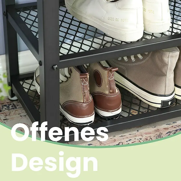 Schuhregal - L x B x H: 30 x 73 x 45 cm, Grau/Schwarz - Dieses Bild zeigt ein Schuhregal mit dem Aufdruck "Offenes Design". Es zeigt Schuhe auf zwei Ebenen des Regals.