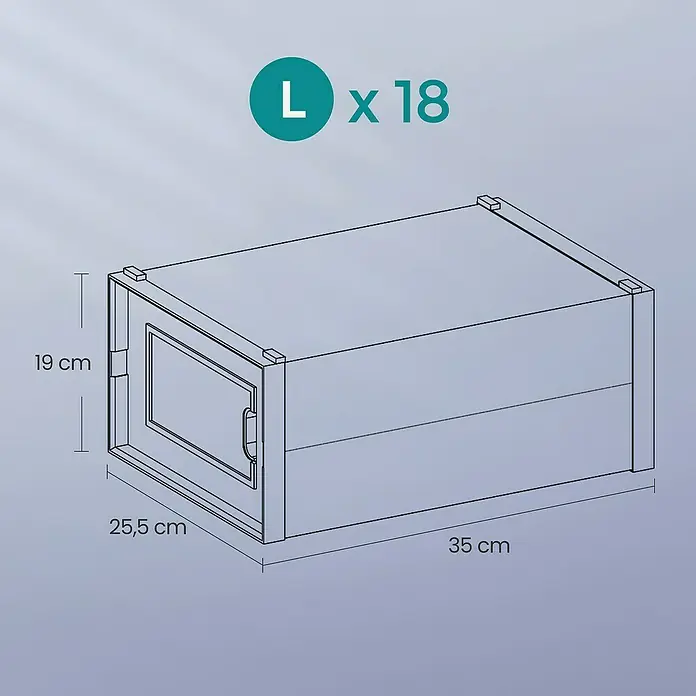 Schuhbox - L x B x H: 25 x 35 x 19 cm, Kunststoff, Weiß/Transparent, 18 Stk. - Abbildung einer grauen Aufbewahrungsbox der Größe L x 18 mit Maßangaben (19 cm Höhe, 25,5 cm Tiefe, 35 cm Länge).