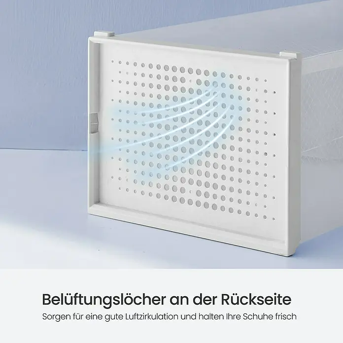 Schuhbox - L x B x H: 25 x 35 x 19 cm, Kunststoff, Weiß/Transparent, 18 Stk. - Bild einer Schuhbox mit Belüftungslöchern, die für gute Luftzirkulation sorgen und die Schuhe frisch halten.