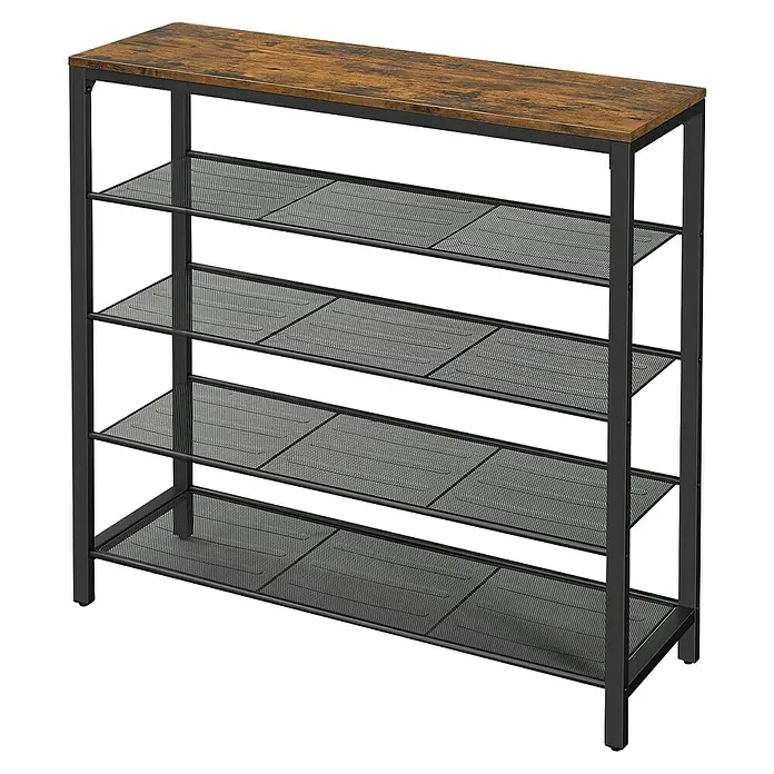 Schuhregal - L x B x H: 30 x 100 x 92,5 cm, Braun, Schwarz - Schuhregal mit fünf Ablagen und einer Ablagefläche in Holzoptik, ideal für die Aufbewahrung von Schuhen und als Ablage.