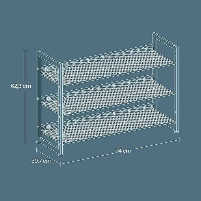 Schuhregal - L x B x H: 30,7 x 74 x 62,8 cm, Schwarz - Illustration eines Schuhregals mit drei Ablagen und den Maßen 62,8 cm Höhe, 74 cm Breite und 30,7 cm Tiefe.