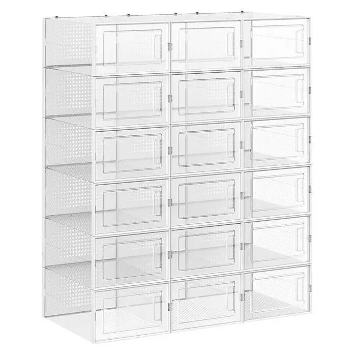 Schuhbox - L x B x H: 23,2 x 33,5 x 14,3 cm, Kunststoff, Weiß/Transparent, 18 Stk. - Diese Aufnahme zeigt eine transparente Schuhaufbewahrungsbox mit 18 Fächern, ideal zur Organisation und Präsentation Ihrer Schuhkollektion.