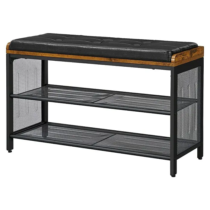 Schuhbank - L x B x H: 30 x 80 x 48 cm, Braun/Schwarz - Hier ist eine Schuhbank mit zwei Ablagen und einer gepolsterten Sitzfläche. Praktisch und stilvoll für jeden Eingangsbereich.