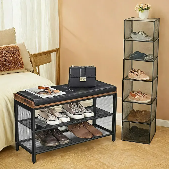 Schuhbank - L x B x H: 30 x 80 x 48 cm, Braun/Schwarz - Schuhregal-Bank-Kombination mit Stauraum und Schuhregal-Organizer mit 5 Ebenen für eine ordentliche Aufbewahrung von Schuhen.