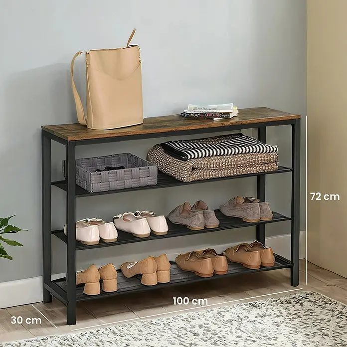 Schuhregal - L x B x H: 30 x 100 x 72 cm, Braun, Schwarz - Das Schuhregal mit drei Ablagen bietet viel Stauraum für Schuhe und Accessoires. Die Ablagefläche oben kann als Ablage genutzt werden.
