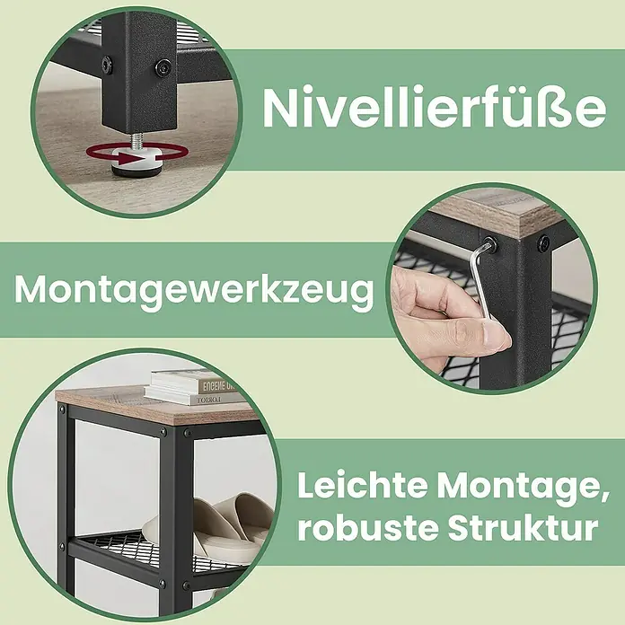 Schuhregal - L x B x H: 30 x 73 x 45 cm, Grau/Schwarz - Produktdetails: Verstellbare Füße, Montagewerkzeug und einfache, robuste Struktur des Regals.