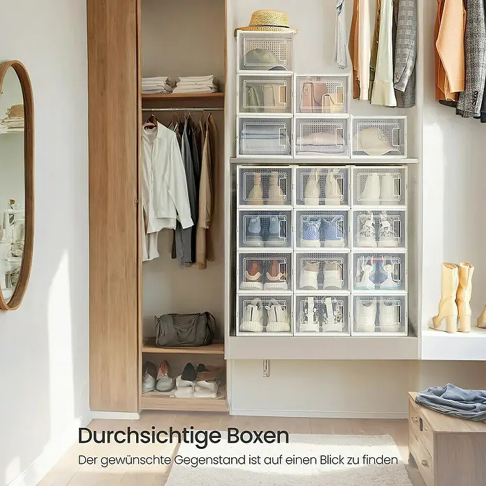 Schuhbox - L x B x H: 25 x 35 x 19 cm, Kunststoff, Weiß/Transparent, 18 Stk. - Durchsichtige Schuhboxen im Schrank. Die transparenten Boxen bieten einen schnellen Überblick über den Inhalt und halten Schuhe staubfrei.
