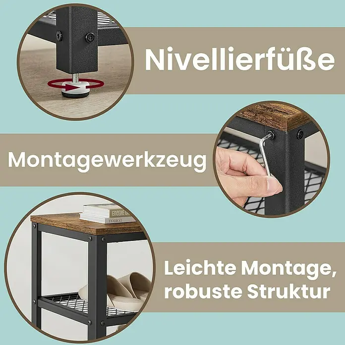 Schuhregal - L x B x H: 30 x 73 x 45 cm, Braun/Schwarz - Detailansichten des Produkts: Nivellierfüße, Montagewerkzeug und robuste Struktur für eine einfache Montage.