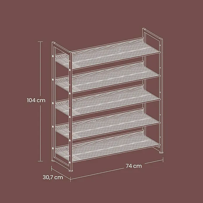 Schuhregal - L x B x H: 30,7 x 74 x 104 cm, Schwarz - Abbildung eines Schuhregals mit fünf Ablagen aus Metall in den Maßen 104 x 74 x 30,7 cm.