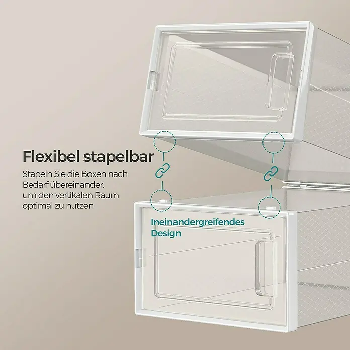 Schuhbox - L x B x H: 23,2 x 33,5 x 14,3 cm, Kunststoff, Weiß/Transparent, 18 Stk. - Zwei transparente, stapelbare Aufbewahrungsboxen mit weißem Rahmen, die eine praktische Lösung zur Aufbewahrung von Schuhen bieten.