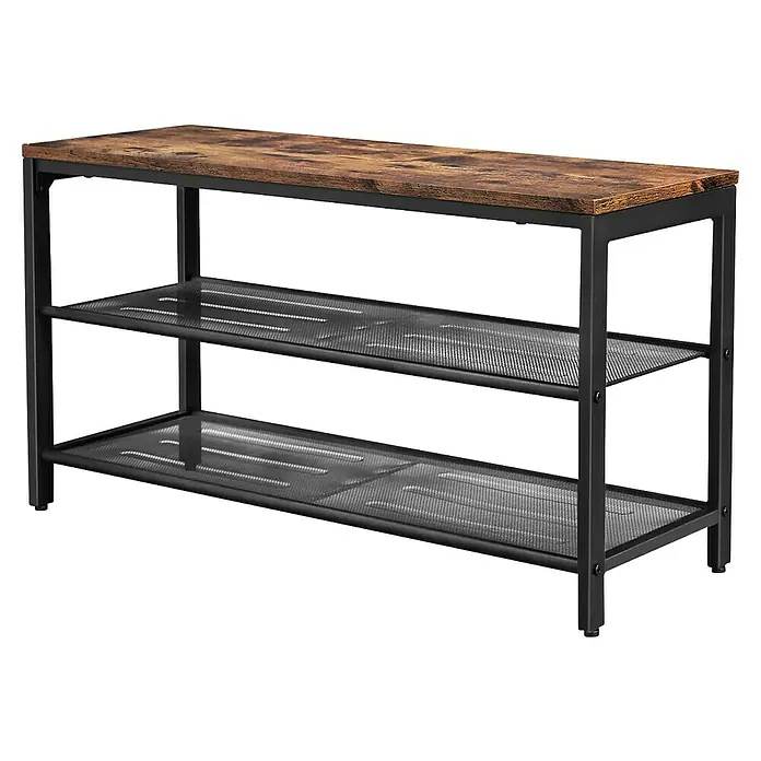 Schuhregal - L x B x H: 40 x 80 x 44,5 cm, Braun/Schwarz - Das Bild zeigt ein rustikales Regal mit Holzplatte und zwei Gitterböden, ideal für Schuhe oder Dekoration.