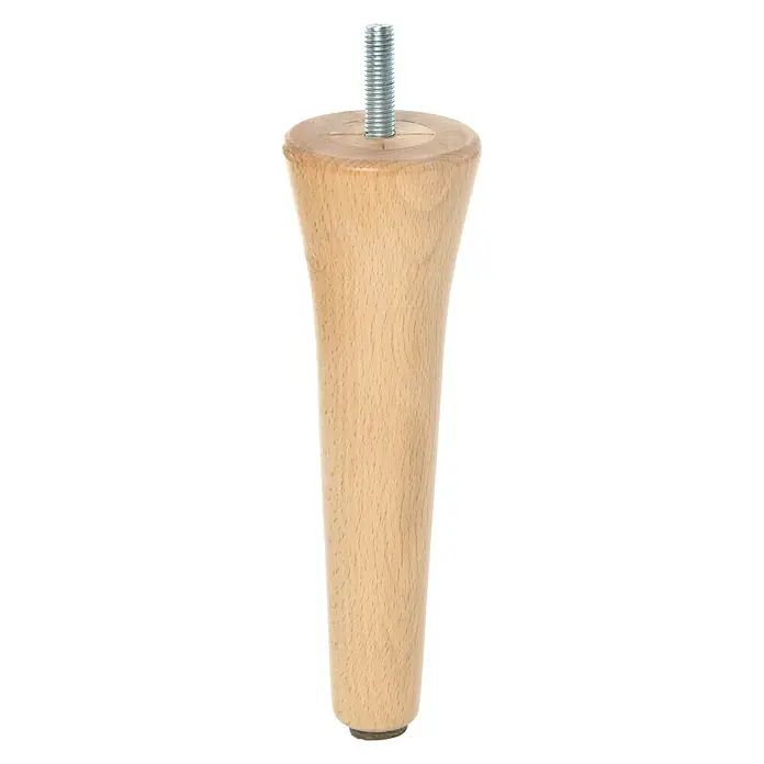 Rei Pata para muebles Crudo - Capacidad de carga: 30 kg, Madera, Ø x L: 55 x 17 cm, Sin tratar - Primer plano de una sola pata de mueble de madera marrón claro con una varilla roscada para sujetarla.