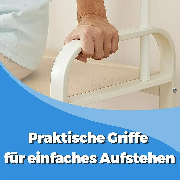 Garderoben-Set - L x B x H: 33,7 x 72 x 183 cm, Weiß/Gelbeiche - Praktische Griffe für einfaches Aufstehen. Die Hand hält sich an den Griffen eines Möbels, um das Aufstehen zu erleichtern.