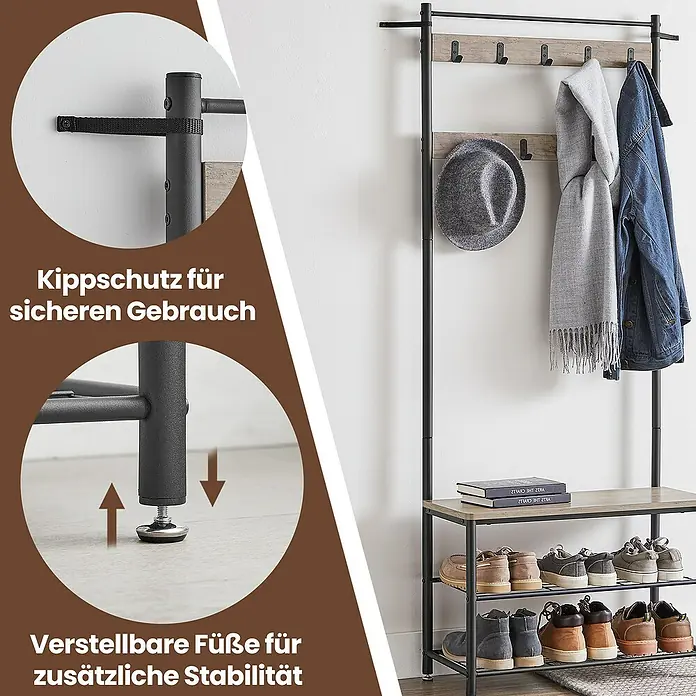 Garderoben-Set mit Sitzbank & Schuhablage - L x B x H: 32 x 70 x 175 cm, Grau/Schwarz - Garderobenständer mit Kippschutz für sicheren Gebrauch und verstellbaren Füßen für zusätzliche Stabilität.