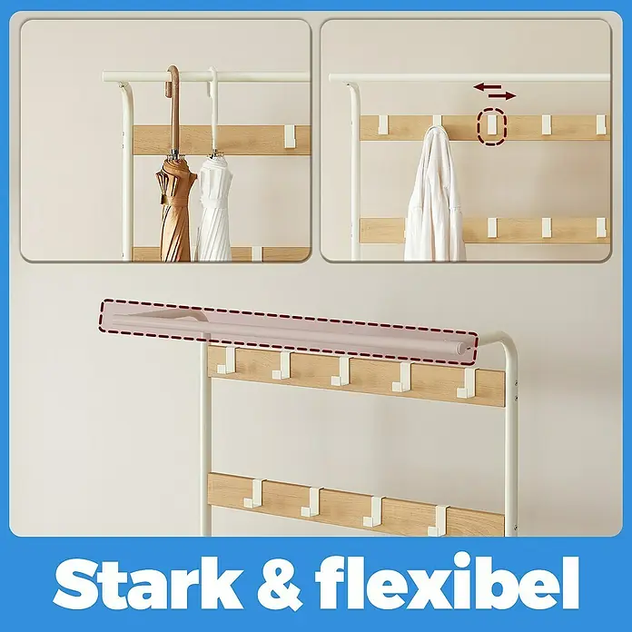 Garderoben-Set - L x B x H: 33,7 x 72 x 183 cm, Weiß/Gelbeiche - Vielseitige Garderobe mit Hakenleiste und Stange für Kleidung, Schirme und Accessoires.