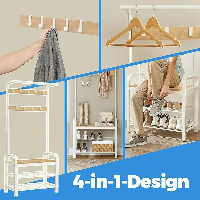 Garderoben-Set - L x B x H: 33,7 x 72 x 183 cm, Weiß/Gelbeiche - Multifunktionaler Garderobenständer mit Schuhregal und Kleiderhaken für einen organisierten Eingangsbereich.
