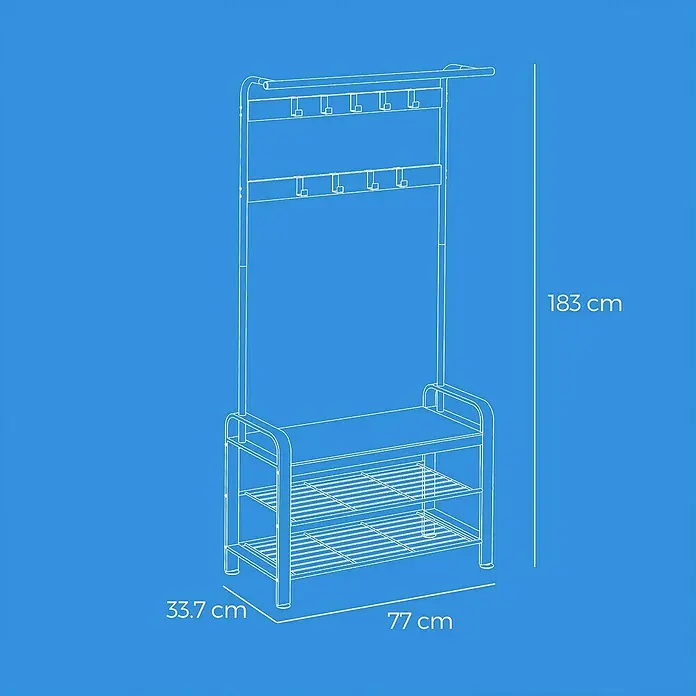 Garderoben-Set - L x B x H: 33,7 x 72 x 183 cm, Weiß/Gelbeiche - Abbildung eines Schuhregals mit Kleiderständer und den Maßen 183 cm Höhe, 77 cm Breite und 33,7 cm Tiefe.