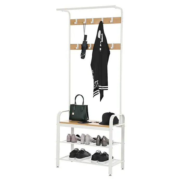 Garderoben-Set - L x B x H: 33,7 x 72 x 183 cm, Weiß/Gelbeiche - Eine Garderobe mit Ablagefläche, Haken und Schuhregalen. Hier sind verschiedene Accessoires wie Schuhe, Taschen, ein Regenschirm und eine Jacke zu sehen.