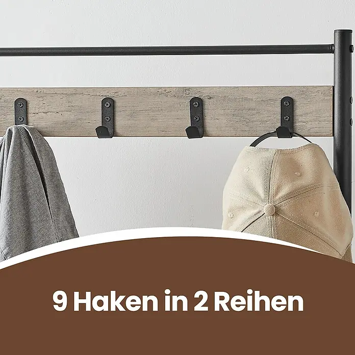 Garderoben-Set mit Sitzbank & Schuhablage - L x B x H: 32 x 70 x 175 cm, Grau/Schwarz - Wandgarderobe mit 9 Haken in 2 Reihen. Praktische Aufbewahrung für Jacken, Hüte und Accessoires im Eingangsbereich oder Schlafzimmer.