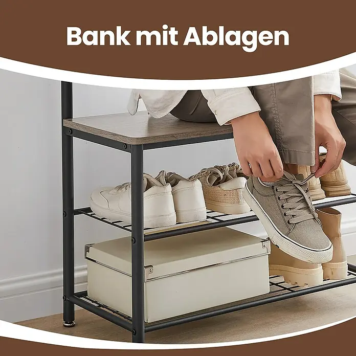 Garderoben-Set mit Sitzbank & Schuhablage - L x B x H: 32 x 70 x 175 cm, Grau/Schwarz - Schuhbank mit Ablagen. Diese praktische Bank bietet Sitzgelegenheit und Stauraum für Schuhe und andere Gegenstände.