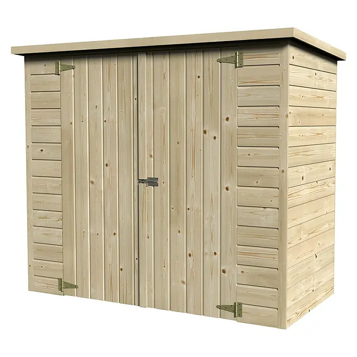 Décor et Jardin Caseta para jardín Bike Box - 193 cm, 98 cm, Madera, Natural - Primer plano de un cobertizo de madera con puertas dobles y revestimiento de madera horizontal, ideal para soluciones de almacenamiento exterior.