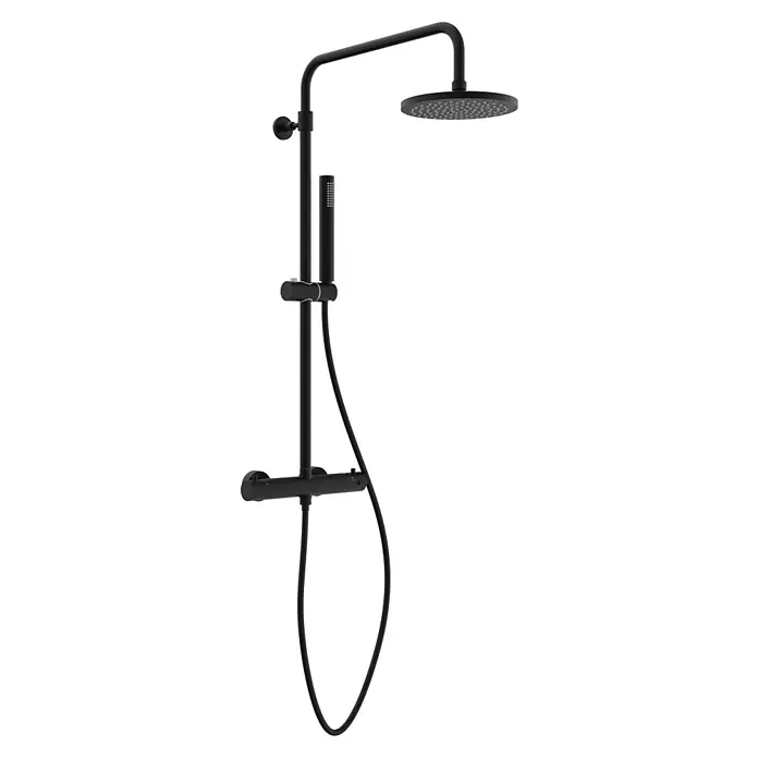 Mixomat Duschsystem Orlando - Höhe: 118 cm, Schwarz, Matt - Schwarze Duschgarnitur mit Kopfbrause, Handbrause und Thermostat für ein modernes Badezimmer.
