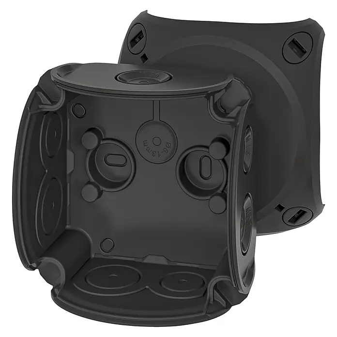 Hensel  Abzweigkasten DK 0100 B - 84 x 84 x 55 mm - Schwarze Abzweigdose mit diversen Öffnungen für Kabeldurchführungen und Befestigung, ideal für Elektroinstallationen.