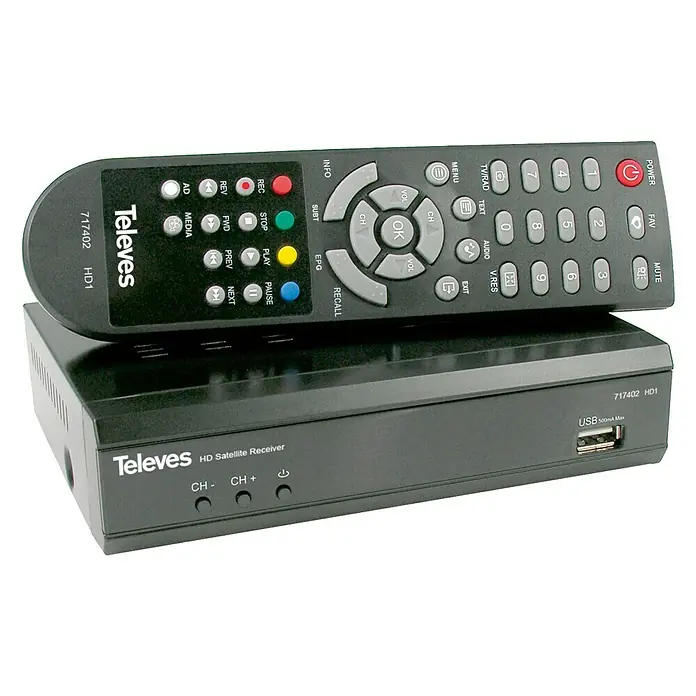 Televés Receptor de satélite - L x An x Al: 11,2 x 15,5 x 3,4 cm, Negro - Receptor de satélite Televes HD con su mando a distancia colocado encima, para una fácil operación y control de su televisor.